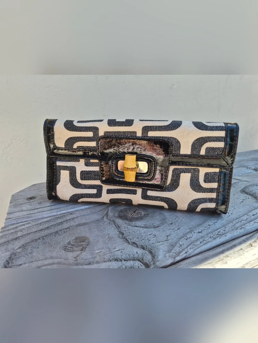 Sondra Roberts Black and Cream Geometric Canvas Clutch with Bamboo Accent